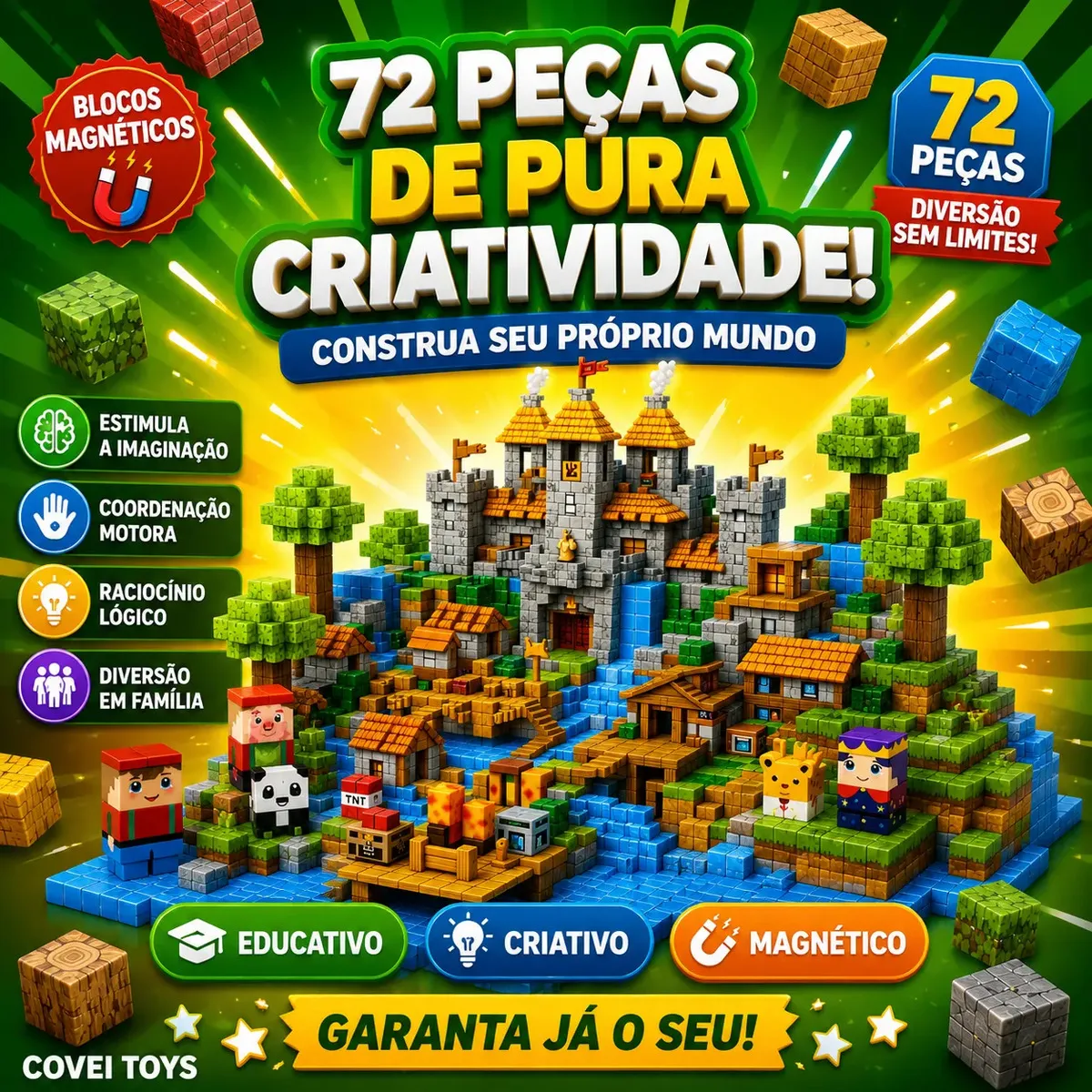 Blocos de Montar Magnéticos 72 Peças Infantil