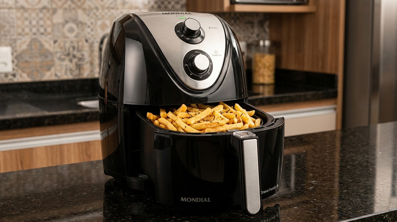 Fritadeira Air Fryer moderna preparando uma refeição saudável e crocante
