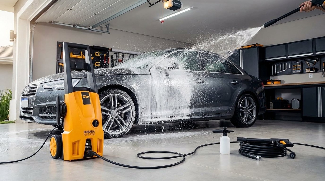 O bico com jato regulável é a peça-chave para lavar o carro com jato em leque ou limpar o piso de pedra com força total.