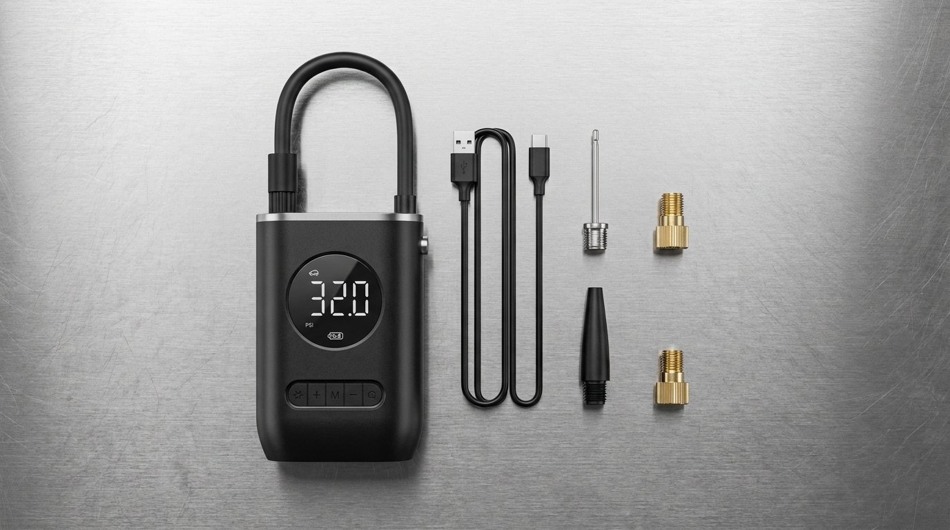O kit completo: portabilidade máxima associada aos acessórios fundamentais para inflar de pneus automotivos a bolas de alta performance.