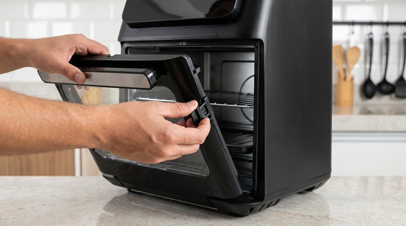 A porta totalmente removível soluciona a dificuldade de limpeza clássica das air fryers.