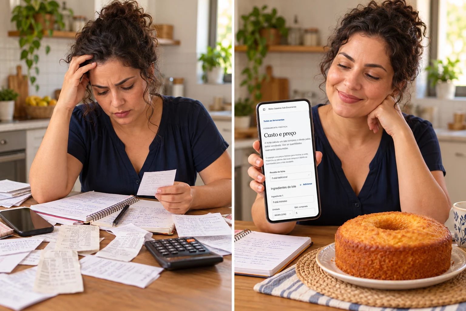 Comparação ilustrativa: anotações espalhadas e, depois, a mesma pessoa consultando a calculadora do aplicativo em uma cozinha organizada