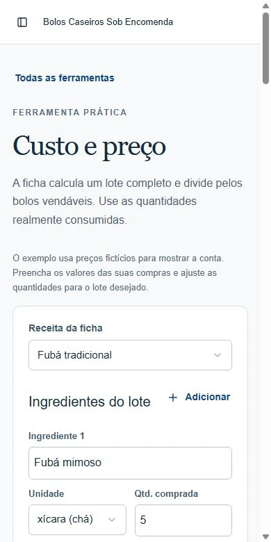 Tela real do aplicativo: Calculadora de custo