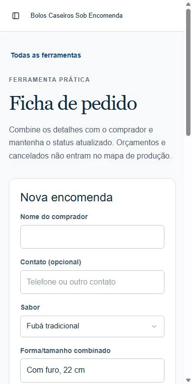 Tela real do aplicativo: Ficha de pedido