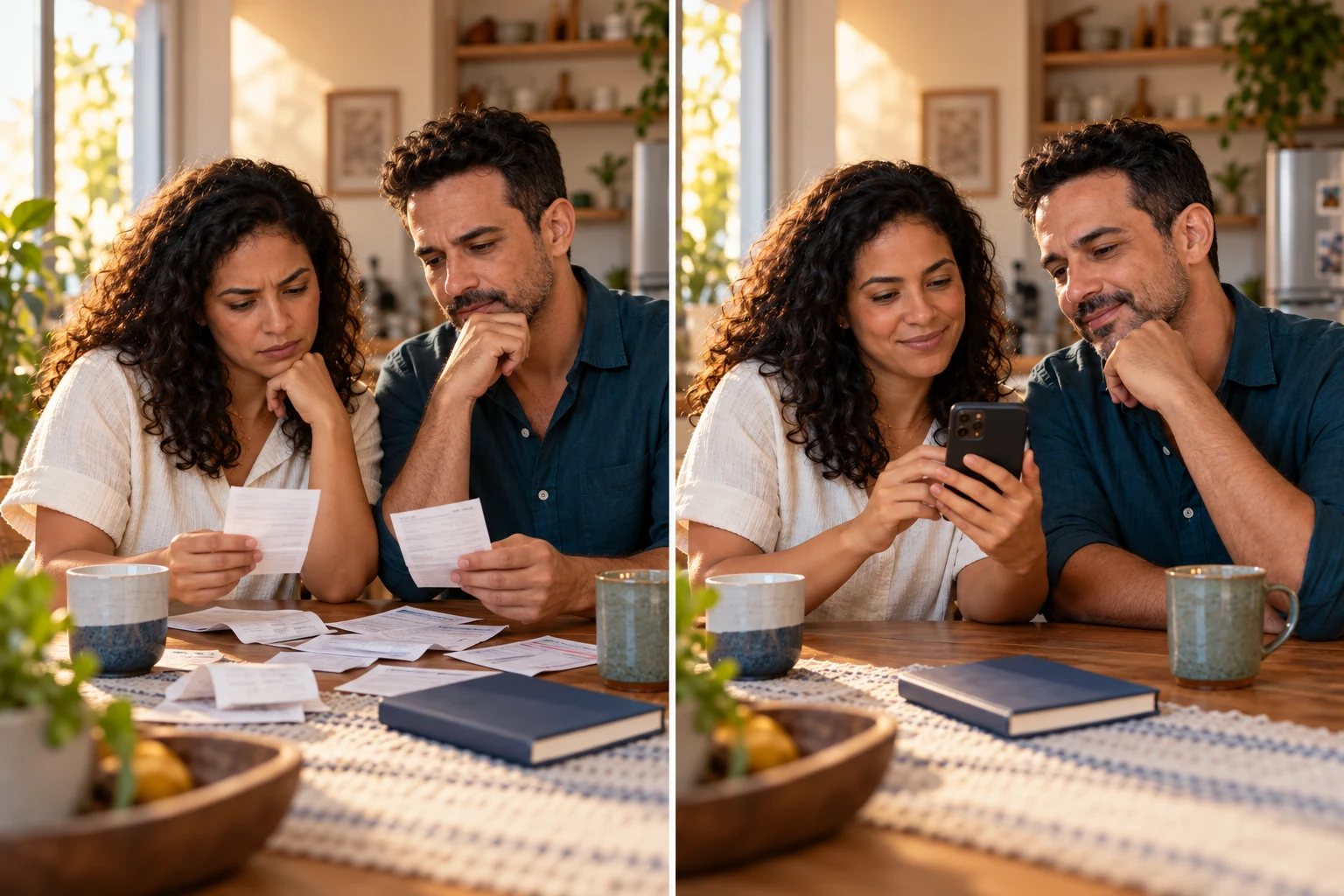 Comparação ilustrativa: casal conferindo papéis e depois consultando um celular na mesma mesa.