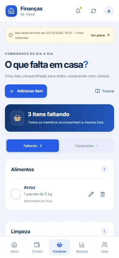 Lista de compras compartilhada: tela real com dados fictícios de demonstração.