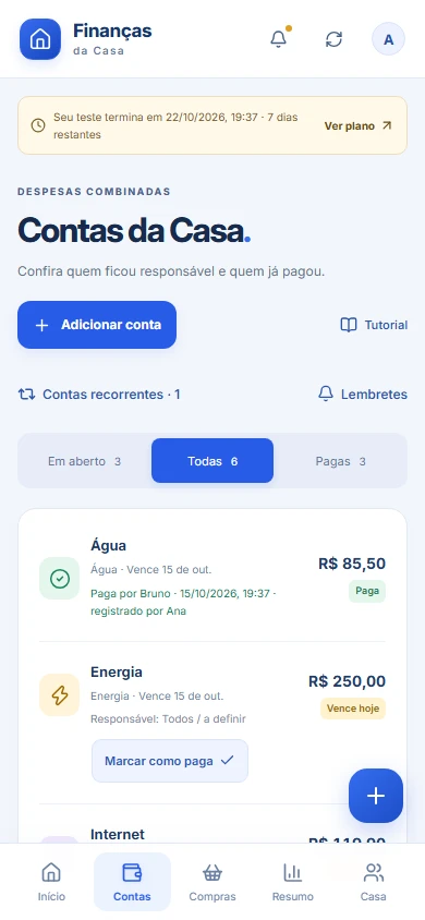 Contas e pagamentos: tela real com dados fictícios de demonstração.