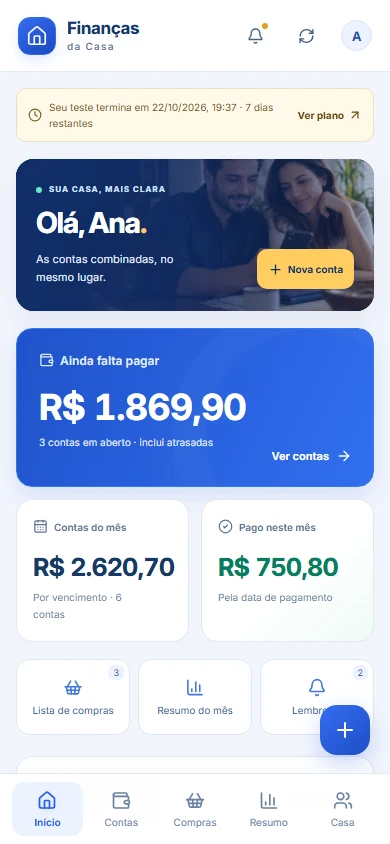 Tela real do Finanças da Casa com dados fictícios de demonstração