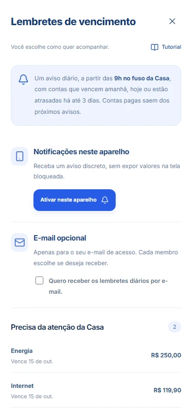 Lembretes de vencimento: tela real com dados fictícios de demonstração.