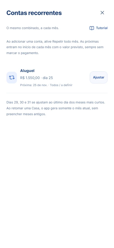 Contas recorrentes: tela real com dados fictícios de demonstração.