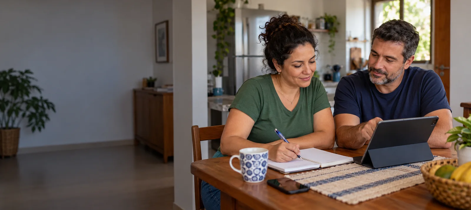 Dois adultos organizam a rotina da casa com um caderno e um tablet