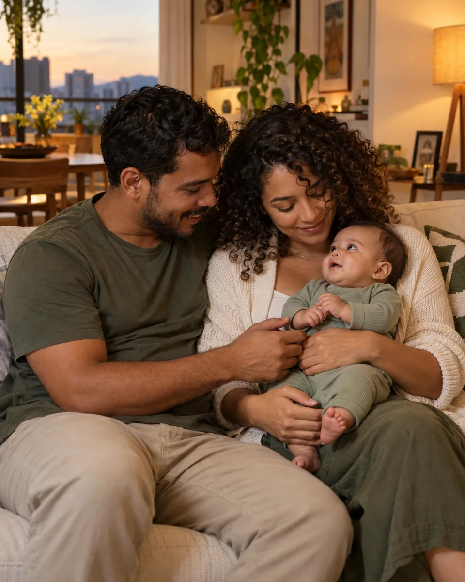 Casal junto ao bebê acordado em um ambiente acolhedor.